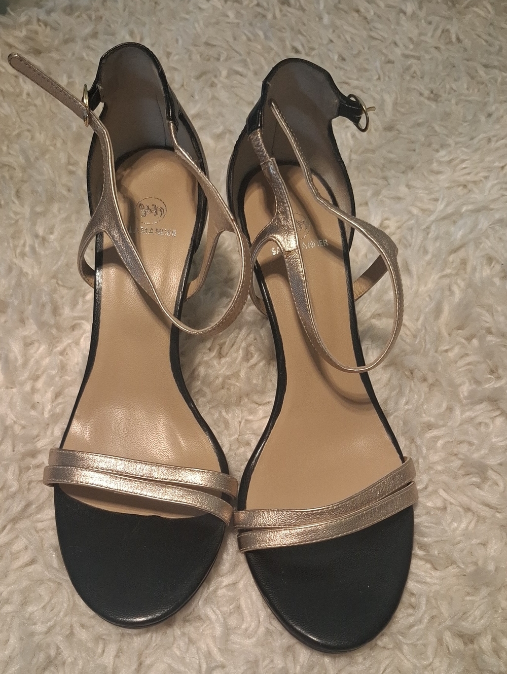Salamander Black Gold Metallic Strappy Ankle Strap Dress Heeled Sandals